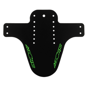 The AZONIC SPLATTER mudguard LOGO is a black plastic mudguard from AZONIC with several mounting holes and two neon green "AZONIC" logos on each side.