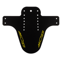 The AZONIC SPLATTER mudguard LOGO is a black, multi-perforated bike mudguard with yellow AZONIC logos on both sides and has a wide, curved design with extended side arms.