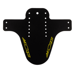 The AZONIC SPLATTER mudguard LOGO is a black, multi-perforated bike mudguard with yellow AZONIC logos on both sides and has a wide, curved design with extended side arms.
