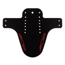 The AZONIC SPLATTER mudguard LOGO is a black mudguard with red AZONIC logos on both sides, several mounting holes and a shape that widens towards the top and tapers towards the bottom.