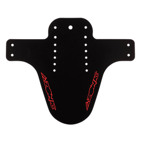 The AZONIC SPLATTER mudguard LOGO is a black mudguard with red AZONIC logos on both sides, several mounting holes and a shape that widens towards the top and tapers towards the bottom.