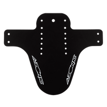 The AZONIC SPLATTER mudguard LOGO is a black plastic mudguard with several holes and white AZONIC logos on both sides, which is mounted under the fork to prevent mud splashes.