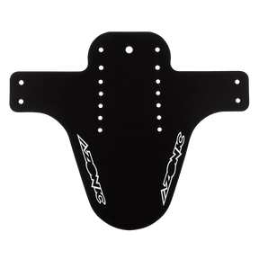 The AZONIC SPLATTER mudguard LOGO is a black plastic mudguard with several holes and white AZONIC logos on both sides, which is mounted under the fork to prevent mud splashes.