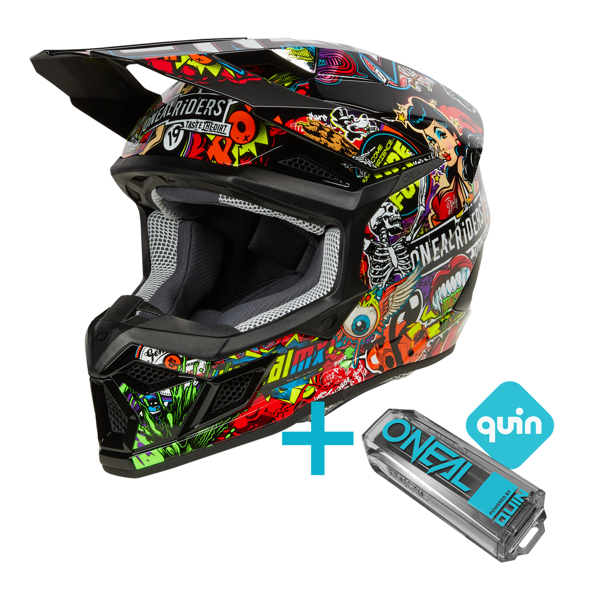 El O'NEAL 3SRS Crank Quin Bundle es un colorido casco de motocross de estilo graffiti con conectividad de casco mejorada, un Sensor Inteligente Quin Pro y un logotipo Quin azul.