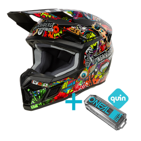 Das O'NEAL 3SRS Youth Crank Quin Bundle zeigt einen schwarzen Jugend-Motocross-Helm mit lebendigen Grafiken neben einem Quin Smart Sensor und einem blauen "quin"-Logo, die die fortschrittlichen technischen Funktionen dieses O'NEAL-Produkts hervorheben.