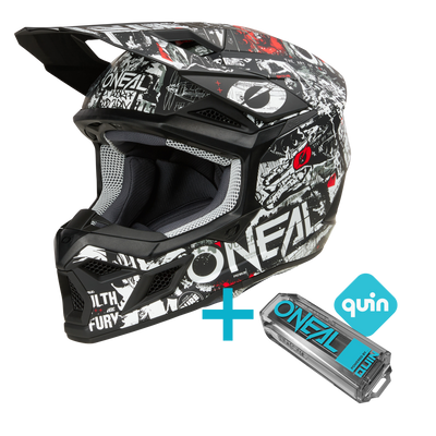 Le bundle O'NEAL 3SRS Attack Quin se compose d'un casque de motocross O'NEAL noir et blanc avec des graphismes accrocheurs, couplé à un capteur intelligent Quin Pro bleu et un pack de batteries pour une intégration avancée du casque intelligent.
