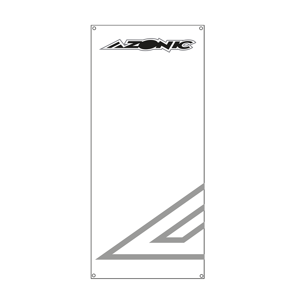 Der AZONIC BANNER zeigt oben das AZONIC-Logo und unten rechts abstrakte graue geometrische Linien. Vier kleine Eckkreise zeigen Befestigungslöcher an.