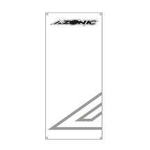 Der AZONIC BANNER zeigt oben das AZONIC-Logo und unten rechts abstrakte graue geometrische Linien. Vier kleine Eckkreise zeigen Befestigungslöcher an.