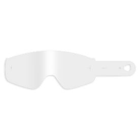 Una lente trasparente e leggermente curva con bordi neri e foro per il cinturino laterale si adatta perfettamente alla maschera O'NEAL B-50 - Tear Off Pack per una visione cristallina. Mostrata su uno sfondo nero. Marchio: O'NEAL.