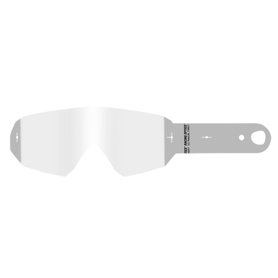 Un'etichetta rettangolare con codice a barre prevalentemente grigia e bianca con un centro più chiaro e un testo sul lato destro che recita "O'NEAL B-10 Goggle - Laminated Tear Off Pack" di O'NEAL.