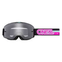 Vorderansicht der O'NEAL B-20 Brille PROXY mit reflektierenden Gläsern und schwarzem Band mit dem auffälligen rosa-weißen O'NEAL-Logo, das für ein optimales Sichtfeld auf der Rennstrecke sorgt.