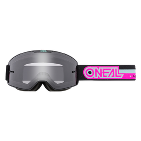 Vista frontale degli occhiali O'NEAL B-20 PROXY con lenti riflettenti e cinturino nero con l'accattivante logo O'NEAL bianco e rosa, che garantisce un campo visivo ottimale sulla pista.