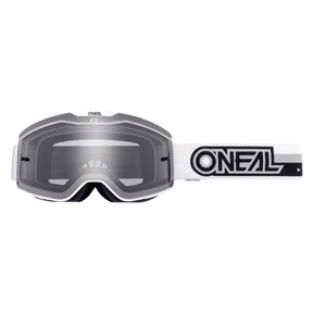 Vista frontale degli occhiali O'NEAL B-20 PROXY con montatura e cinturino bianchi. La lente trasparente offre un ampio campo visivo e il cinturino presenta il logo O'NEAL nero.