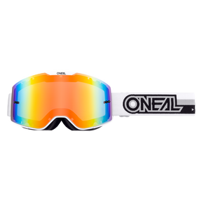 Gli occhiali O'NEAL B-20 PROXY presentano un'ampia lente arancione specchiata e un cinturino bianco con l'accattivante logo O'NEAL nero per la massima visibilità.