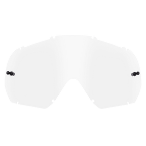 Le O'NEAL B-10 Goggle - Spare Lens est un écran en plastique transparent et incurvé avec six points de fixation noirs, conçu par O'NEAL pour les lunettes de motocross ou de protection. Il apparaît sur un fond blanc sobre.