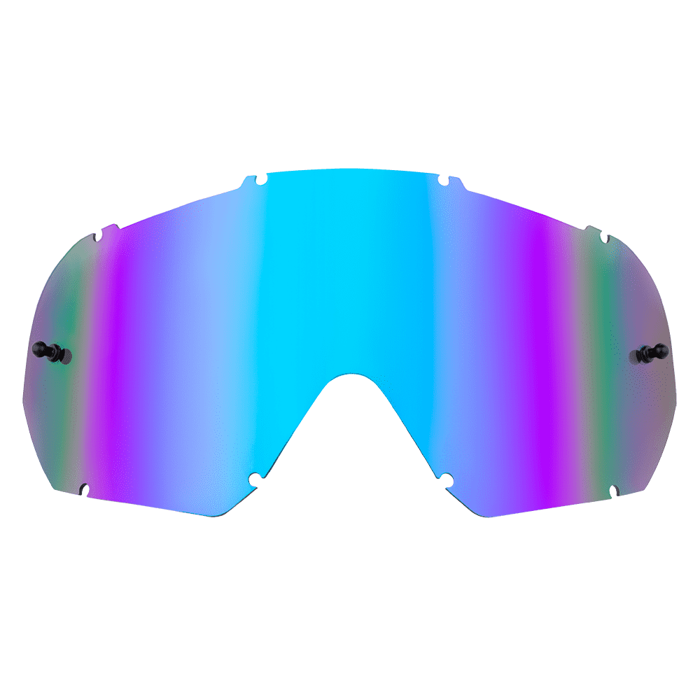 Die O'NEAL B-10 Goggle - Spare Lens zeichnet sich durch ein gebogenes, reflektierendes Design mit blauem, lila und grünem Farbverlauf und Befestigungspunkten an den Rändern aus.