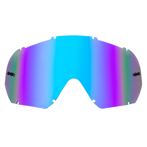 Le O'NEAL B-10 Goggle - Spare Lens se distingue par son design incurvé et réfléchissant avec un dégradé de couleurs bleu, violet et vert et des points de fixation sur les bords.