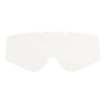 Die O'NEAL B-ZERO Goggle - Ersatzscheibe ist eine transparente, gewölbte Ersatzscheibe mit einer zentralen Kerbe unten und kleinen Laschen oben, die auf einem einfarbig weißen Hintergrund abgebildet ist.