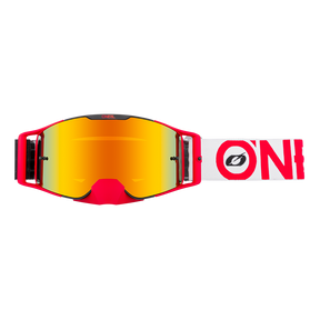 Gli occhiali O'NEAL B-30 BOLD sono caratterizzati da un'ampia lente color arancio e da uno spesso cinturino bianco con un vistoso logo "O'NEAL" rosso, disponibile nei colori nero/rosso e rosso radio.