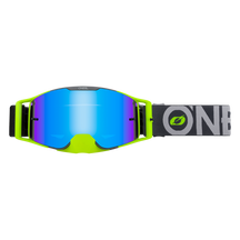 Pictured is the O'NEAL B-30 Goggles BOLD in gray, neon yellow and radium blue with reflective lenses. "ONE" is written on the strap. Their slim design makes them ideal for sports and outdoor activities.