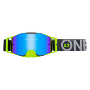 Gli occhiali O'NEAL B-30 BOLD sono di colore grigio, giallo neon e blu radio con lenti riflettenti. Il cinturino è contrassegnato dalla scritta "ONE". Il loro design sottile li rende ideali per lo sport e le attività all'aperto.