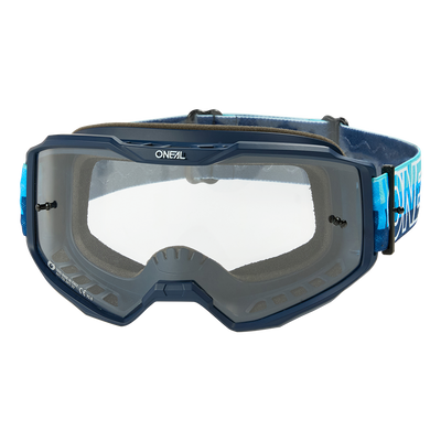 Le masque O'NEAL B-10 STRIPED dispose d'un verre clair, d'un cadre bleu et d'une bande bleue ajustable avec le logo O'NEAL et offre une protection pour les yeux lors de la conduite sur le terrain.