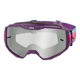 O'NEAL B-10 Youth Goggle STRIPED in Lila und Silber, mit reflektierenden Gläsern und buntem, verstellbarem Band. Ansicht von vorne.