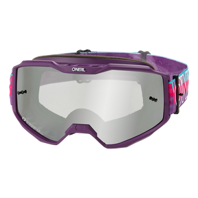 O'NEAL B-10 Youth Goggle STRIPED in Lila und Silber, mit reflektierenden Gläsern und buntem, verstellbarem Band. Ansicht von vorne.