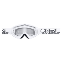 Die O'NEAL VAULT Brille SOLID hat eine klare Scheibe, ein weißes, verstellbares Band mit schwarzem "O'NEAL"-Logo und ist eine unverzichtbare Ausrüstung für den Motorsport. Abgebildet vor einem transparenten Hintergrund.