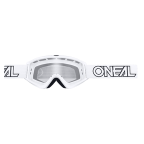 Les lunettes O'NEAL VAULT SOLID ont un écran transparent, une sangle blanche ajustable avec le logo noir "O'NEAL" et constituent un équipement indispensable pour les sports mécaniques. Représenté sur un fond transparent.