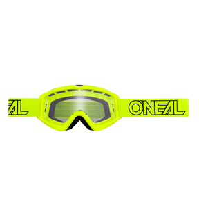 Les lunettes O'NEAL VAULT SOLID sont des lunettes de motocross jaune vif avec des verres transparents, des ouvertures d'aération noires et un bandeau jaune assorti avec le logo "O'NEAL" noir accrocheur - idéal pour mettre en valeur ton équipement de motocross.