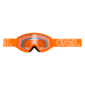 Les lunettes de motocross O'NEAL VAULT Lunettes SOLID ont un écran clair et une large bande orange avec le logo O'NEAL blanc - idéal pour tout équipement de motocross. Représenté sur un fond uni.
