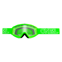 Die O'NEAL VAULT Brille SOLID Motocross-Brille hat einen leuchtend grünen Rahmen, klare Gläser und ein passendes grünes Band mit dem weißen O'NEAL-Logo auf schwarzem Hintergrund - ideal für jede Motorsport-Kollektion.