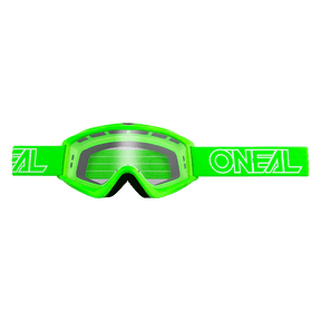 Les lunettes de motocross O'NEAL VAULT SOLID ont une monture vert vif, des verres clairs et un bandeau vert assorti avec le logo O'NEAL blanc sur fond noir - idéal pour toute collection de sports mécaniques.