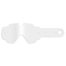 The O'NEAL B-30 Youth Goggles - Tear Off Pack, a transparent tear-off goggle with a tab and a hole on the right side, is displayed against a plain black background.