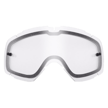 Die O'NEAL B-30 Youth Goggle Ersatz-Doppelscheibe ist eine klare, gewölbte Ersatzscheibe mit schwarzen seitlichen Befestigungspunkten und einer dunklen inneren Dichtung, die vor einem transparenten Hintergrund abgebildet ist.