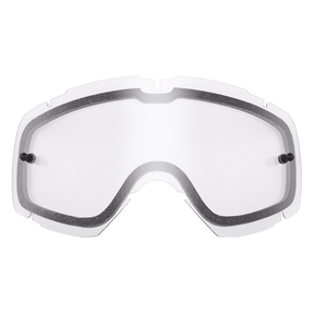 Die O'NEAL B-30 Youth Goggle Ersatz-Doppelscheibe ist eine klare, gewölbte Ersatzscheibe mit schwarzen seitlichen Befestigungspunkten und einer dunklen inneren Dichtung, die vor einem transparenten Hintergrund abgebildet ist.