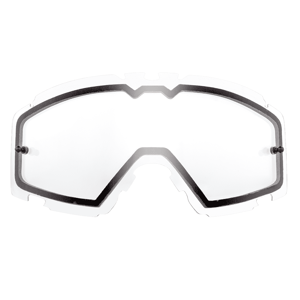 Die O'NEAL B-30 Goggle - Spare Double Lens von O'NEAL ist eine klare, doppelte Ersatzscheibe mit leicht gebogener Form und schwarzem Rand, die isoliert auf einem transparenten Hintergrund dargestellt ist.