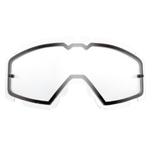 Die O'NEAL B-30 Goggle - Spare Double Lens von O'NEAL ist eine klare, doppelte Ersatzscheibe mit leicht gebogener Form und schwarzem Rand, die isoliert auf einem transparenten Hintergrund dargestellt ist.