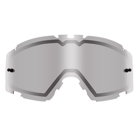 Die O'NEAL B-30 Goggle - Spare Double Lens ist eine silbern getönte, reflektierende Ersatzscheibe von O'NEAL mit gebogenen Rändern und zwei seitlichen Befestigungspunkten.