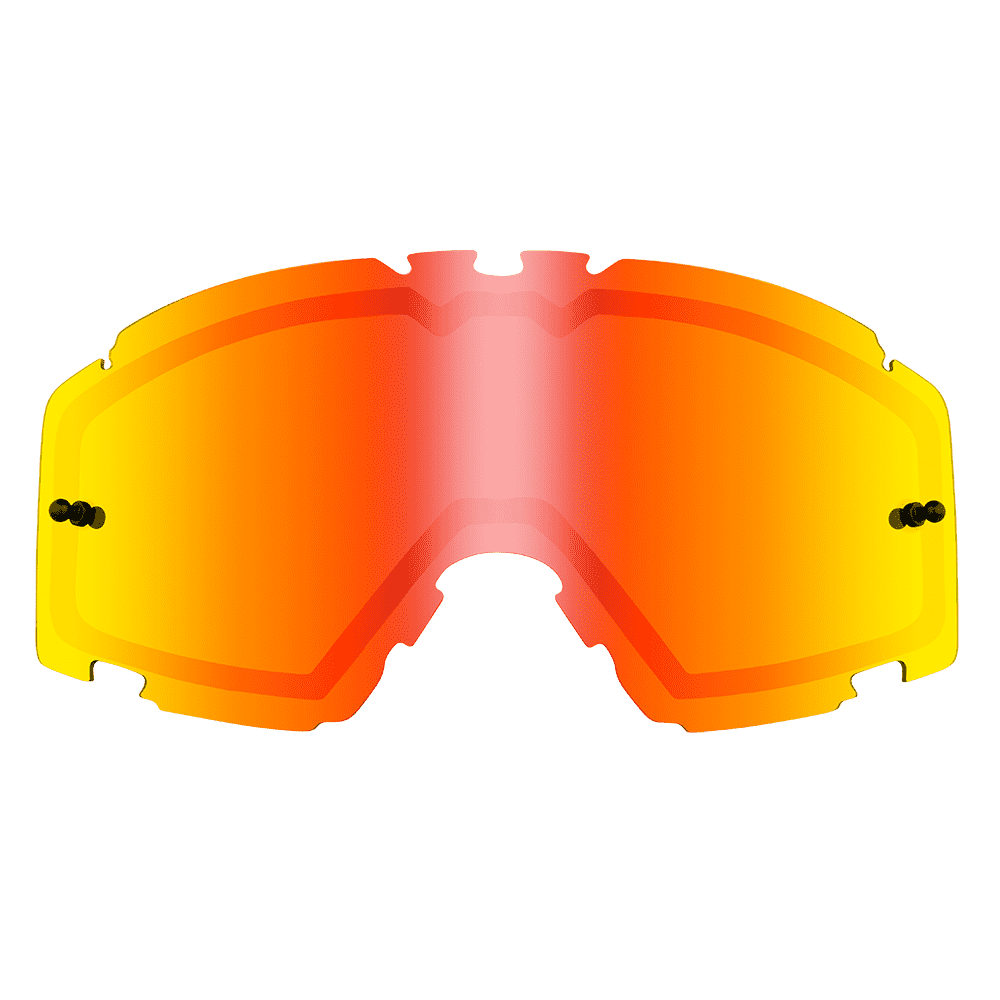 Die O'NEAL B-30 Goggle - Spare Double Lens von O'NEAL zeichnet sich durch ein gebogenes Design mit orange-rotem Farbverlauf und gelben Rändern aus und bietet verbesserte Sichtbarkeit und Augenschutz bei sportlichen Aktivitäten.