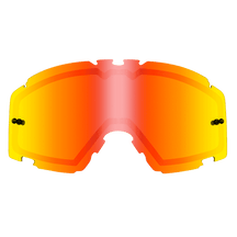 Die O'NEAL B-30 Goggle - Spare Double Lens von O'NEAL zeichnet sich durch ein gebogenes Design mit orange-rotem Farbverlauf und gelben Rändern aus und bietet verbesserte Sichtbarkeit und Augenschutz bei sportlichen Aktivitäten.