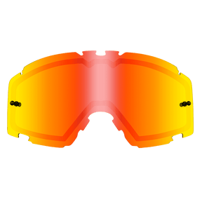 Die O'NEAL B-30 Goggle - Spare Double Lens von O'NEAL zeichnet sich durch ein gebogenes Design mit orange-rotem Farbverlauf und gelben Rändern aus und bietet verbesserte Sichtbarkeit und Augenschutz bei sportlichen Aktivitäten.
