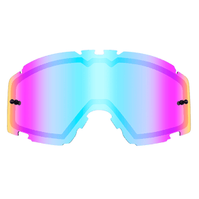Die O'NEAL B-30 Goggle - Spare Lens zeichnet sich durch einen irisierenden Farbverlauf in Blau, Rosa und Lila auf einer breiten, gewölbten Scheibe mit schwarzen seitlichen Befestigungspunkten aus, die vor einem transparenten Hintergrund steht.