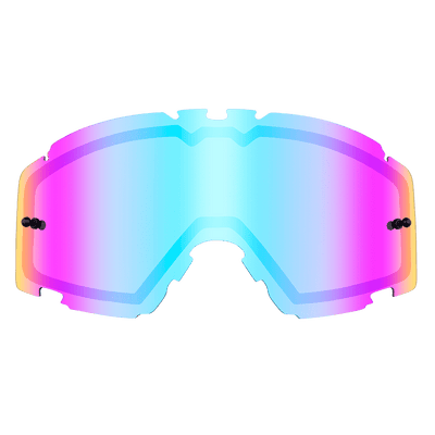 Die O'NEAL B-30 Goggle - Spare Lens zeichnet sich durch einen irisierenden Farbverlauf in Blau, Rosa und Lila auf einer breiten, gewölbten Scheibe mit schwarzen seitlichen Befestigungspunkten aus, die vor einem transparenten Hintergrund steht.