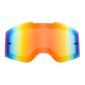 Eine Nahaufnahme der O'NEAL B-20 & B-30 Goggle-Ersatzgläser von O'NEAL mit einer leuchtenden, regenbogenfarbenen, reflektierenden Oberfläche auf weißem Hintergrund.
