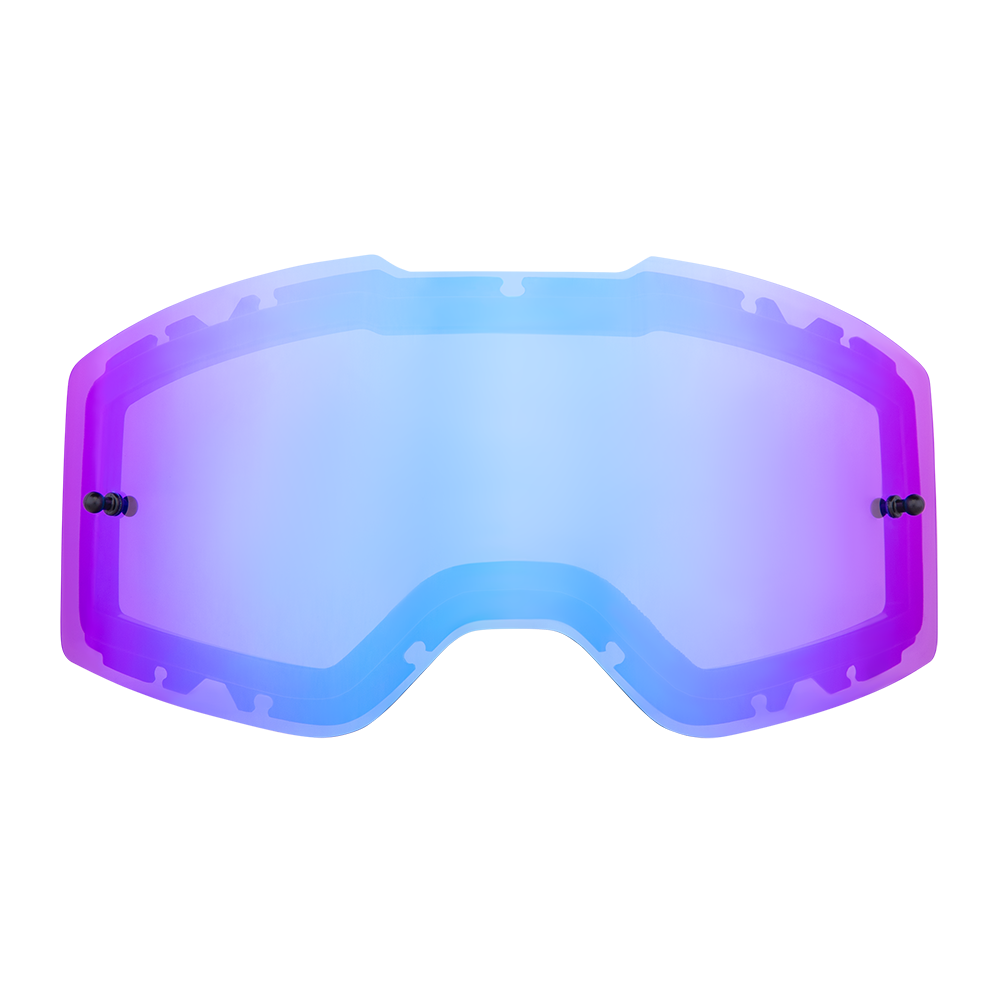 Die O'NEAL B-20 & B-30 Goggle-Ersatzgläser haben eine blaue und violette Tönung mit schwarzen Befestigungspunkten, die vor einem weißen Hintergrund dargestellt sind.