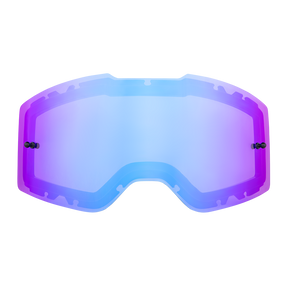 Die O'NEAL B-20 & B-30 Goggle-Ersatzgläser haben eine blaue und violette Tönung mit schwarzen Befestigungspunkten, die vor einem weißen Hintergrund dargestellt sind.