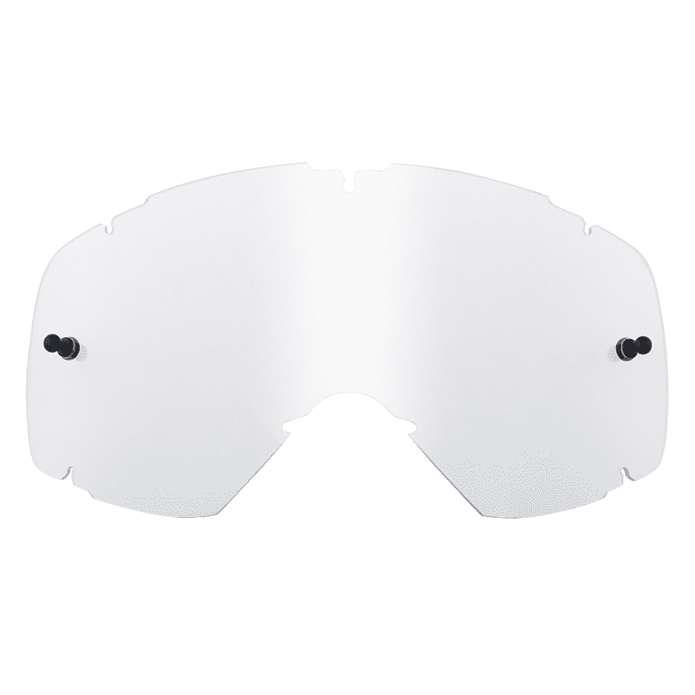 Die O'NEAL B-30 Youth Goggle - Ersatzscheibe ist eine klare, gebogene Ersatzscheibe mit zwei schwarzen Befestigungsstiften und Randkerben für einen sicheren Sitz.