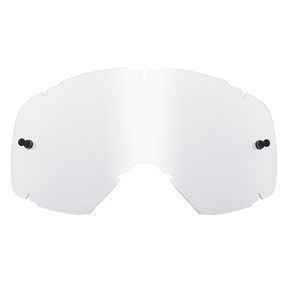 Die O'NEAL B-30 Youth Goggle - Ersatzscheibe ist eine klare, gebogene Ersatzscheibe mit zwei schwarzen Befestigungsstiften und Randkerben für einen sicheren Sitz.